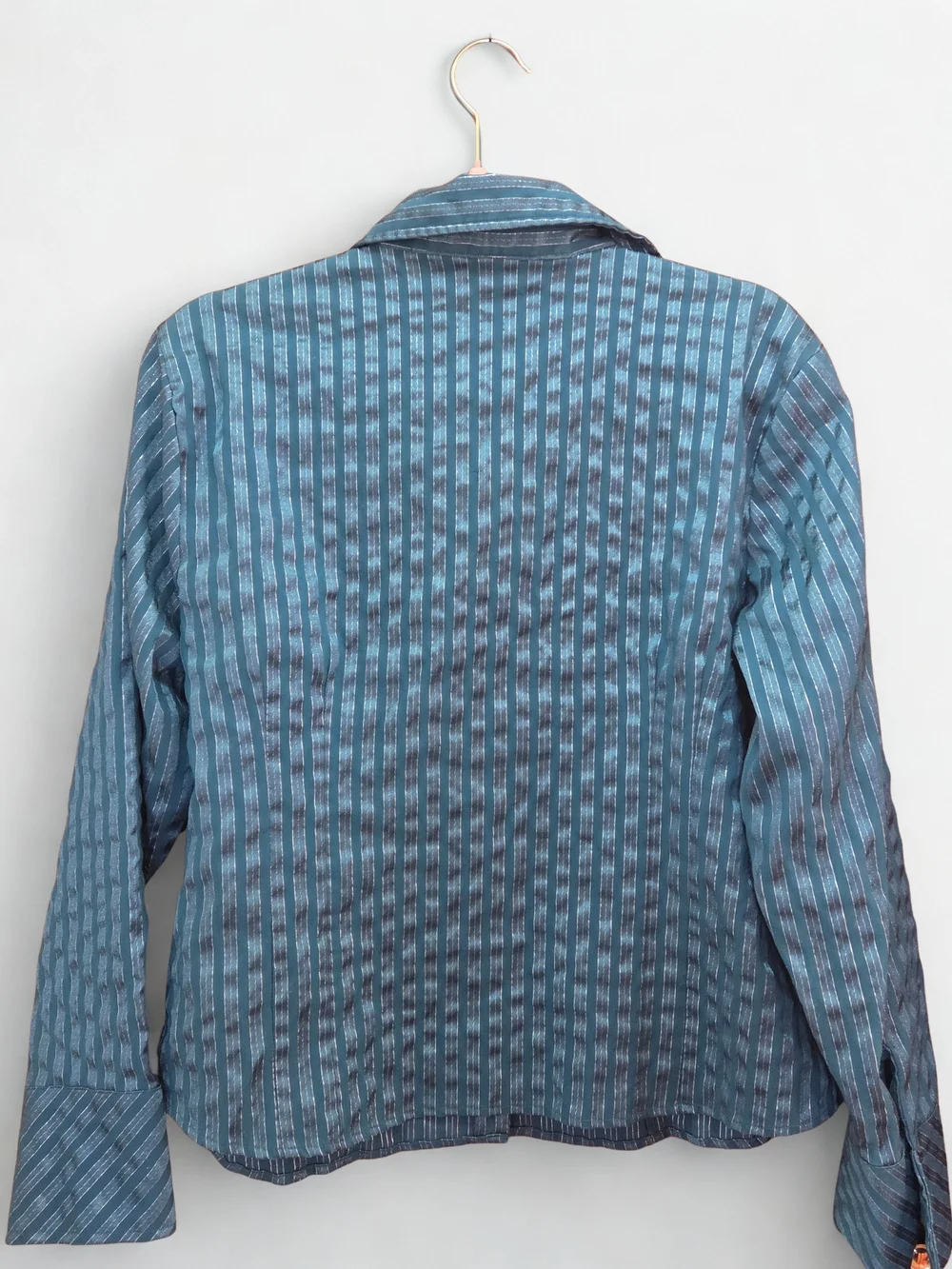 Petite XL Silver Striped Teal  Button-Up Shirt - Picture 2 of 5